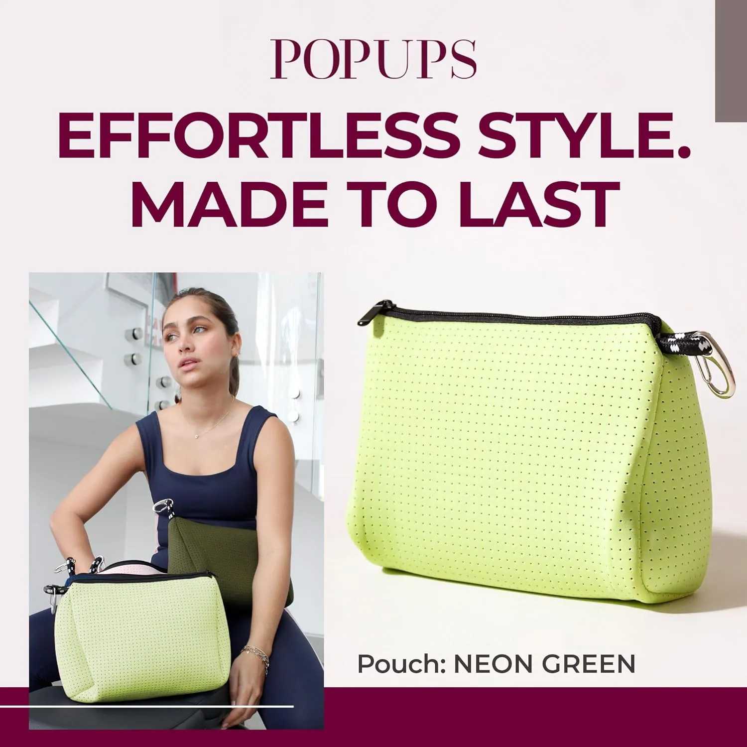 Large Makeup Bag with Zipper, Neon Green - Waterproof Neoprene Cosmetic Bag 7.7 x 10.75 x 5 inches