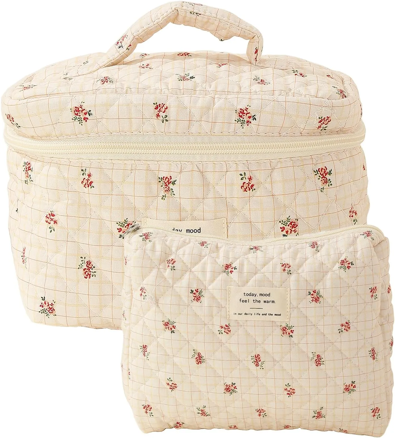 Large Quilted Makeup Bag, Cotton Floral Makeup Bag, Coquette Aesthetic Floral Makeup Organizer Bag for Women Girls, Checkered Flower
