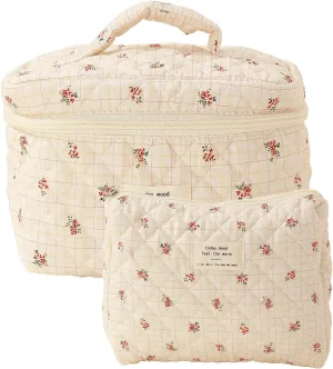 Large Quilted Makeup Bag, Cotton Floral Makeup Bag, Coquette Aesthetic Floral Makeup Organizer Bag for Women Girls, Checkered Flower