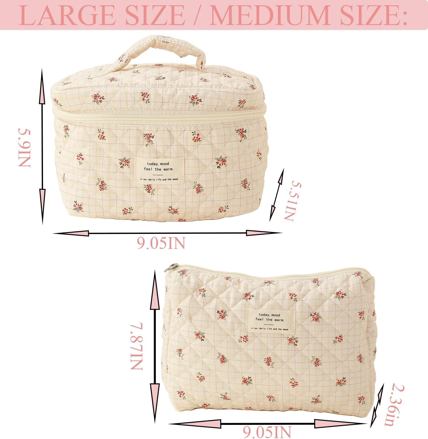 Large Quilted Makeup Bag, Cotton Floral Makeup Bag, Coquette Aesthetic Floral Makeup Organizer Bag for Women Girls, Checkered Flower