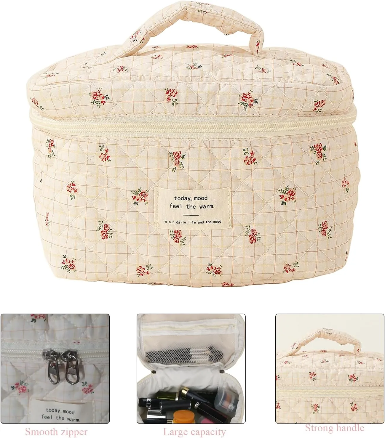 Large Quilted Makeup Bag, Cotton Floral Makeup Bag, Coquette Aesthetic Floral Makeup Organizer Bag for Women Girls, Checkered Flower
