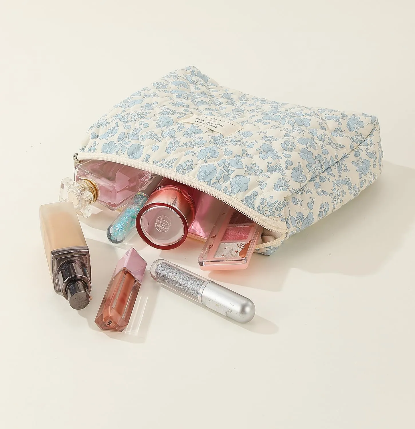 Large Quilted Makeup Bag, Cotton Floral Makeup Bag, Coquette Aesthetic Floral Makeup Organizer Bag for Women Girls, Checkered Flower