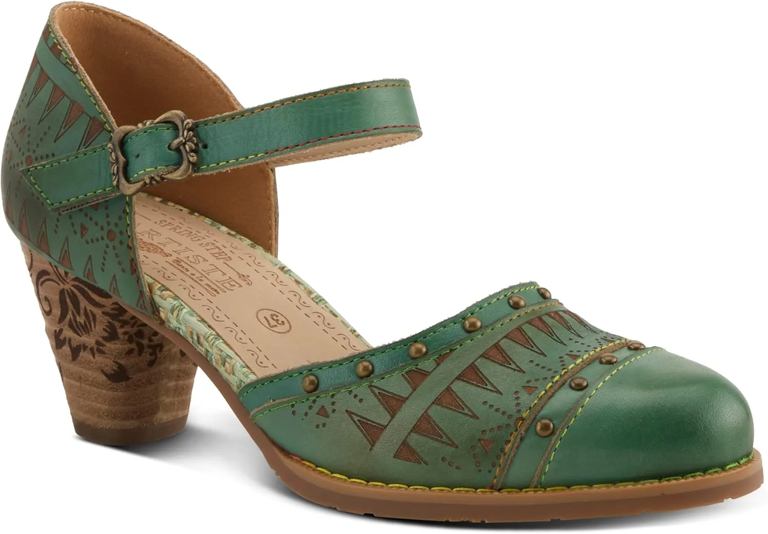L'Artiste Women's NIOBELLA Hand-Painted Hook-and-Loop Mary Jane – Geometric Design, Decorative Buckle, Faux Stacked Heel