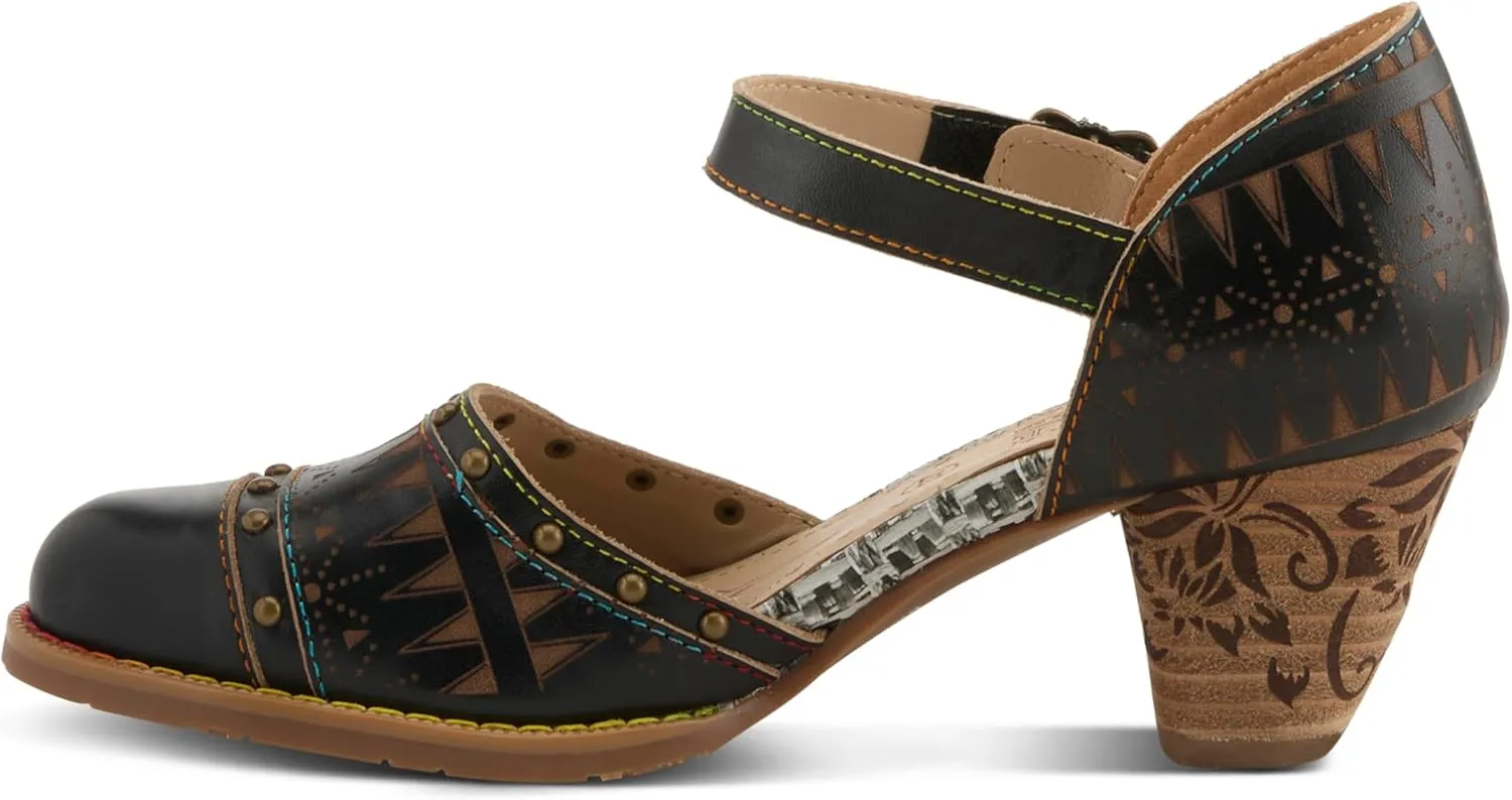 L'Artiste Women's NIOBELLA Hand-Painted Hook-and-Loop Mary Jane – Geometric Design, Decorative Buckle, Faux Stacked Heel