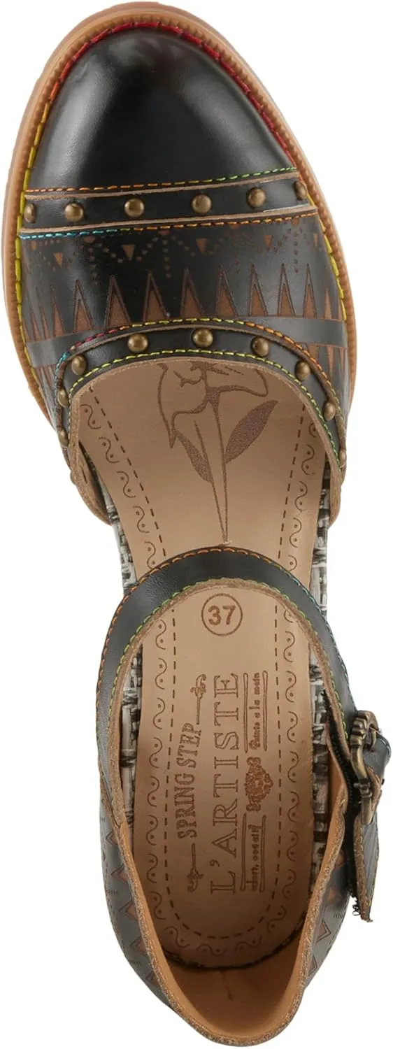 L'Artiste Women's NIOBELLA Hand-Painted Hook-and-Loop Mary Jane – Geometric Design, Decorative Buckle, Faux Stacked Heel