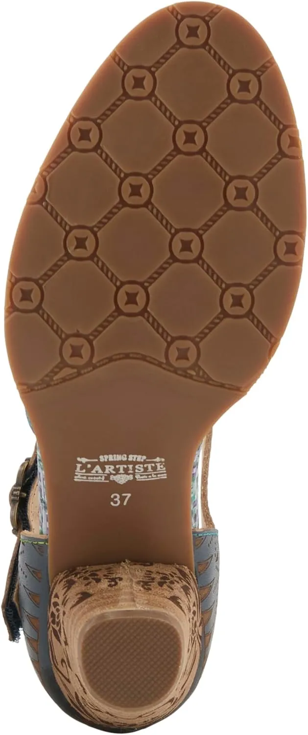 L'Artiste Women's NIOBELLA Hand-Painted Hook-and-Loop Mary Jane – Geometric Design, Decorative Buckle, Faux Stacked Heel