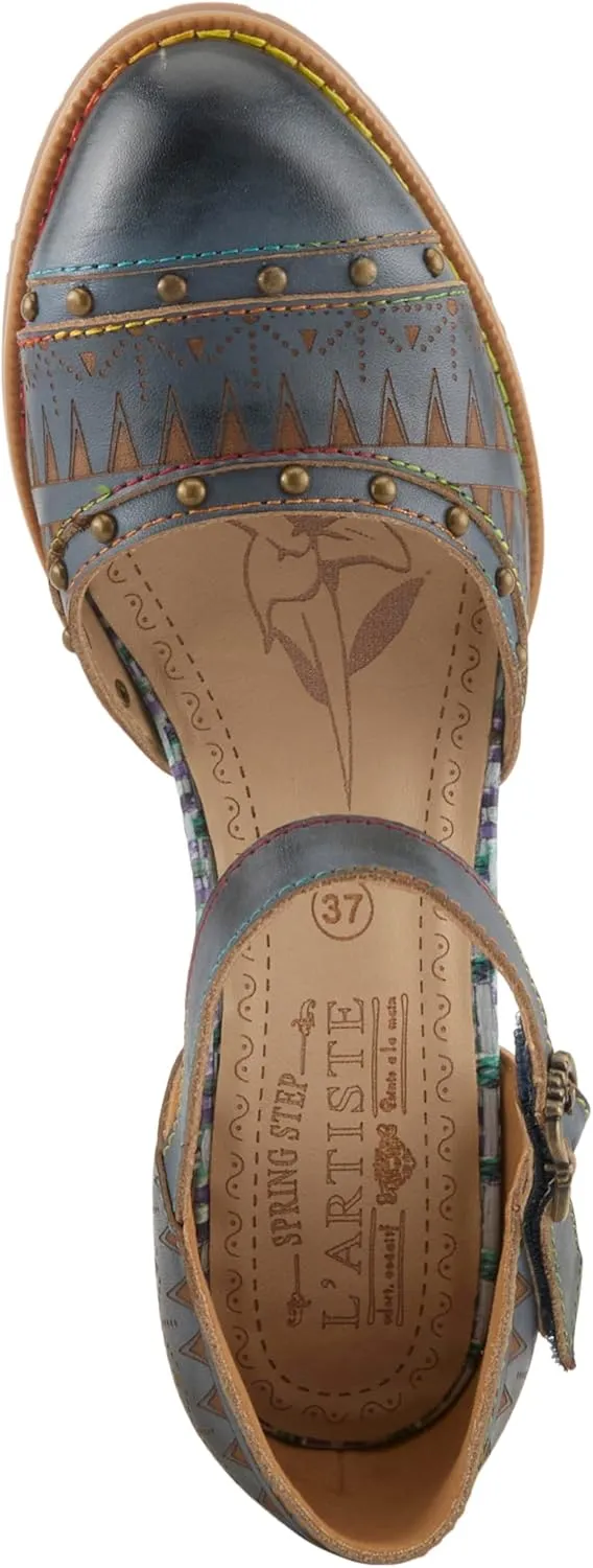 L'Artiste Women's NIOBELLA Hand-Painted Hook-and-Loop Mary Jane – Geometric Design, Decorative Buckle, Faux Stacked Heel