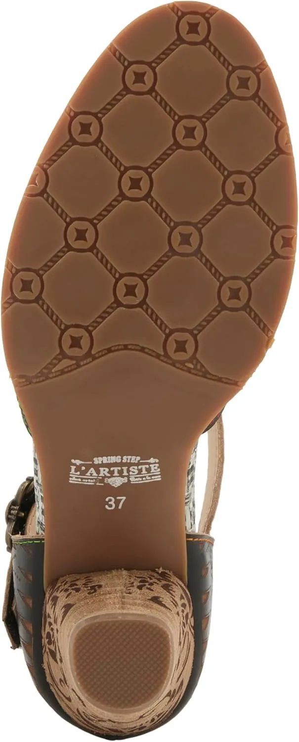 L'Artiste Women's NIOBELLA Hand-Painted Hook-and-Loop Mary Jane – Geometric Design, Decorative Buckle, Faux Stacked Heel