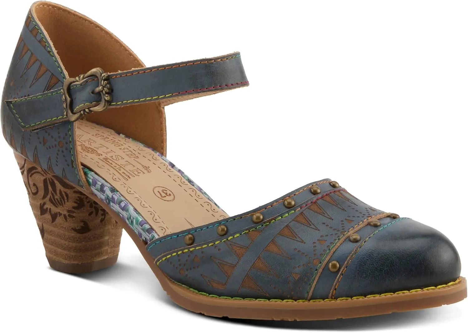 L'Artiste Women's NIOBELLA Hand-Painted Hook-and-Loop Mary Jane – Geometric Design, Decorative Buckle, Faux Stacked Heel