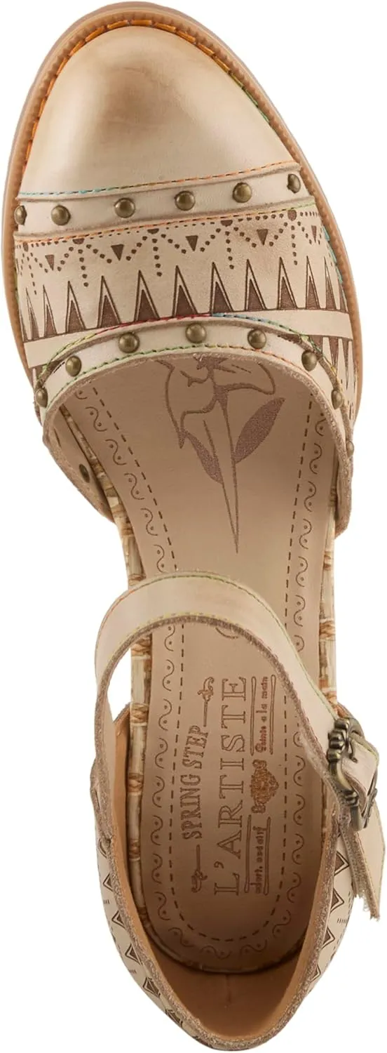 L'Artiste Women's NIOBELLA Hand-Painted Hook-and-Loop Mary Jane – Geometric Design, Decorative Buckle, Faux Stacked Heel
