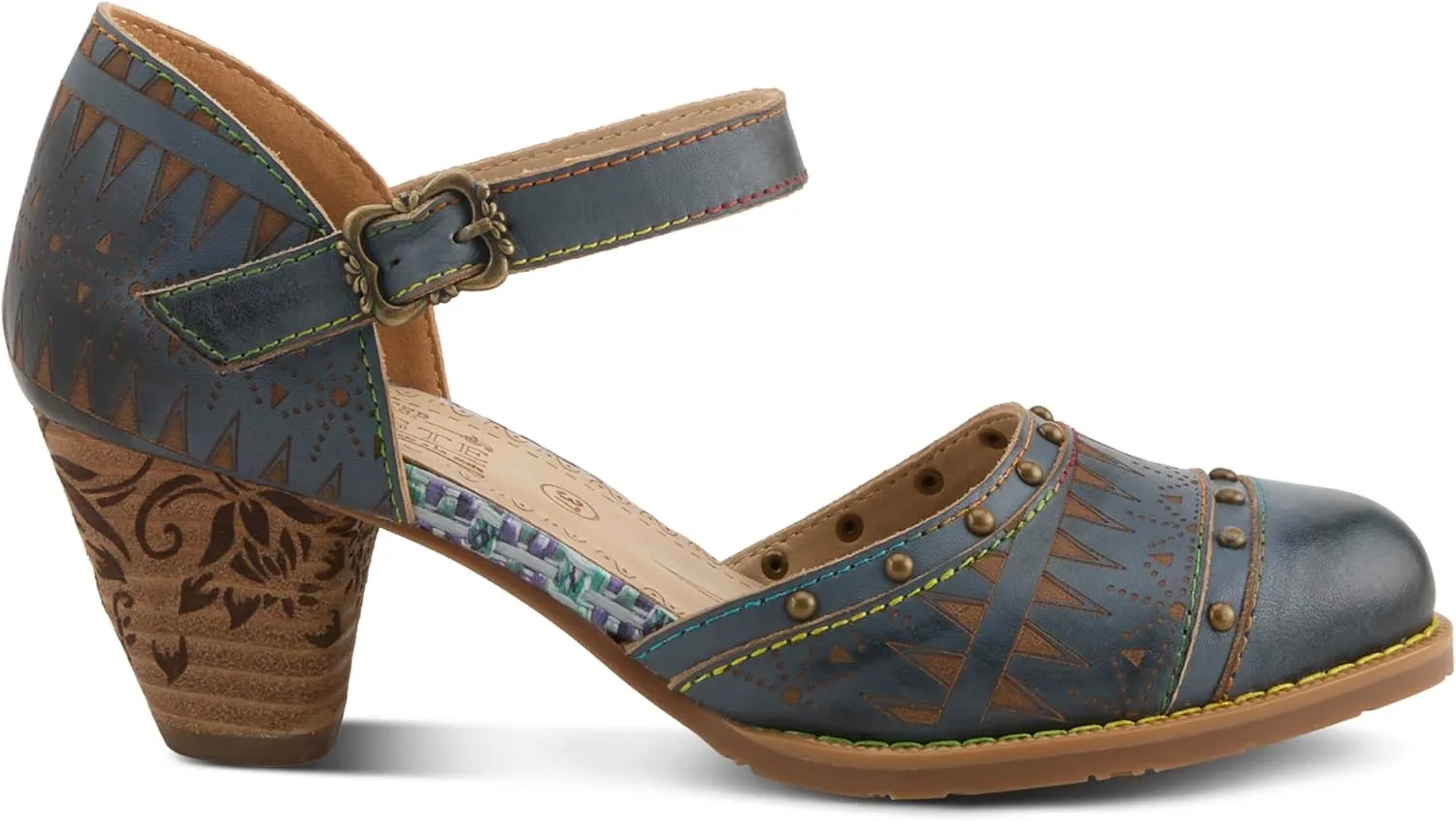 L'Artiste Women's NIOBELLA Hand-Painted Hook-and-Loop Mary Jane – Geometric Design, Decorative Buckle, Faux Stacked Heel
