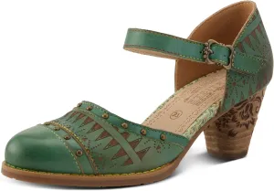 L'Artiste Women's NIOBELLA Hand-Painted Hook-and-Loop Mary Jane – Geometric Design, Decorative Buckle, Faux Stacked Heel