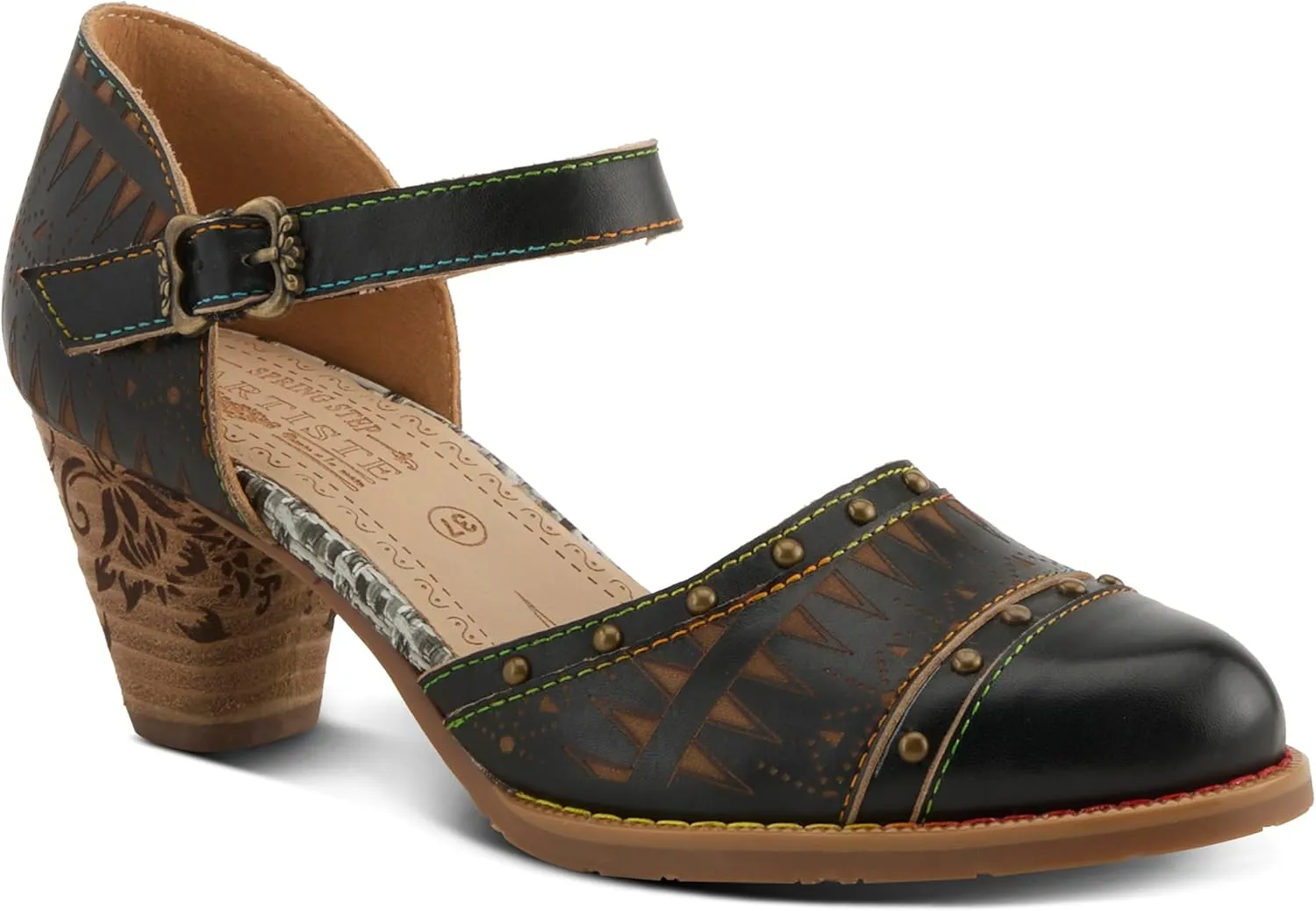 L'Artiste Women's NIOBELLA Hand-Painted Hook-and-Loop Mary Jane – Geometric Design, Decorative Buckle, Faux Stacked Heel