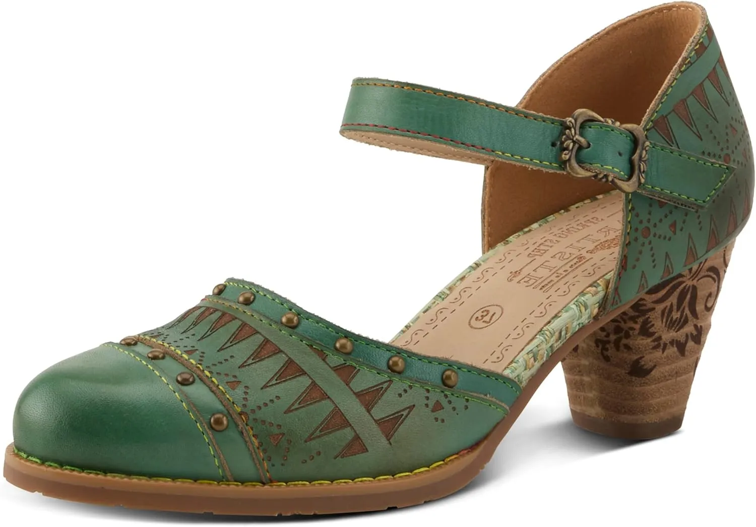 L'Artiste Women's NIOBELLA Hand-Painted Hook-and-Loop Mary Jane – Geometric Design, Decorative Buckle, Faux Stacked Heel
