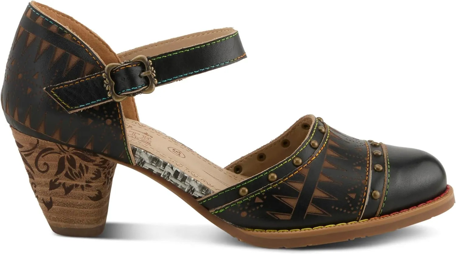 L'Artiste Women's NIOBELLA Hand-Painted Hook-and-Loop Mary Jane – Geometric Design, Decorative Buckle, Faux Stacked Heel
