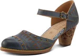 L'Artiste Women's NIOBELLA Hand-Painted Hook-and-Loop Mary Jane – Geometric Design, Decorative Buckle, Faux Stacked Heel