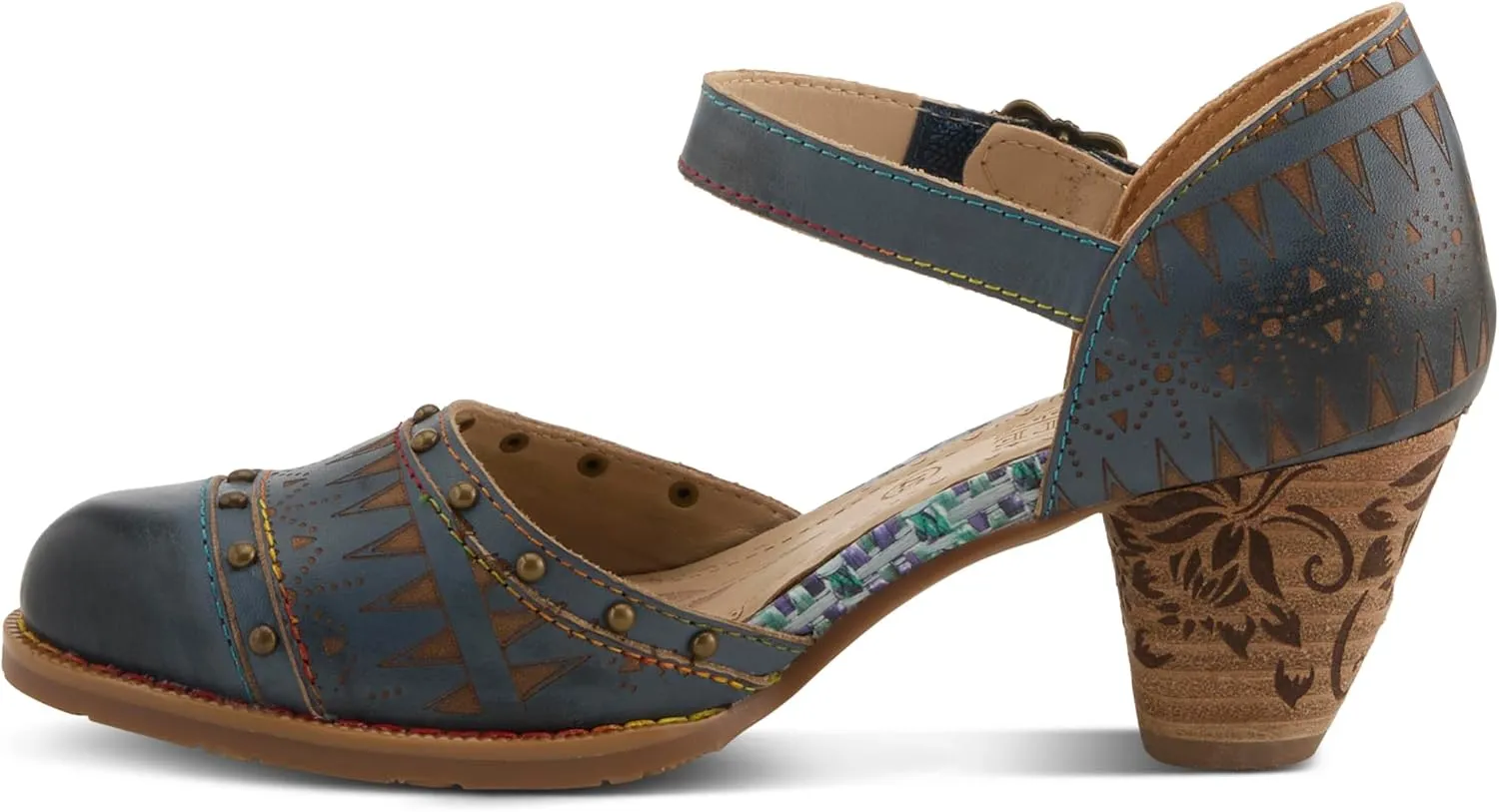 L'Artiste Women's NIOBELLA Hand-Painted Hook-and-Loop Mary Jane – Geometric Design, Decorative Buckle, Faux Stacked Heel