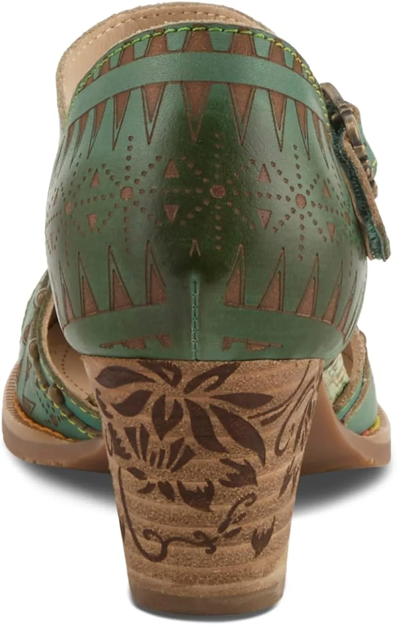L'Artiste Women's NIOBELLA Hand-Painted Hook-and-Loop Mary Jane – Geometric Design, Decorative Buckle, Faux Stacked Heel