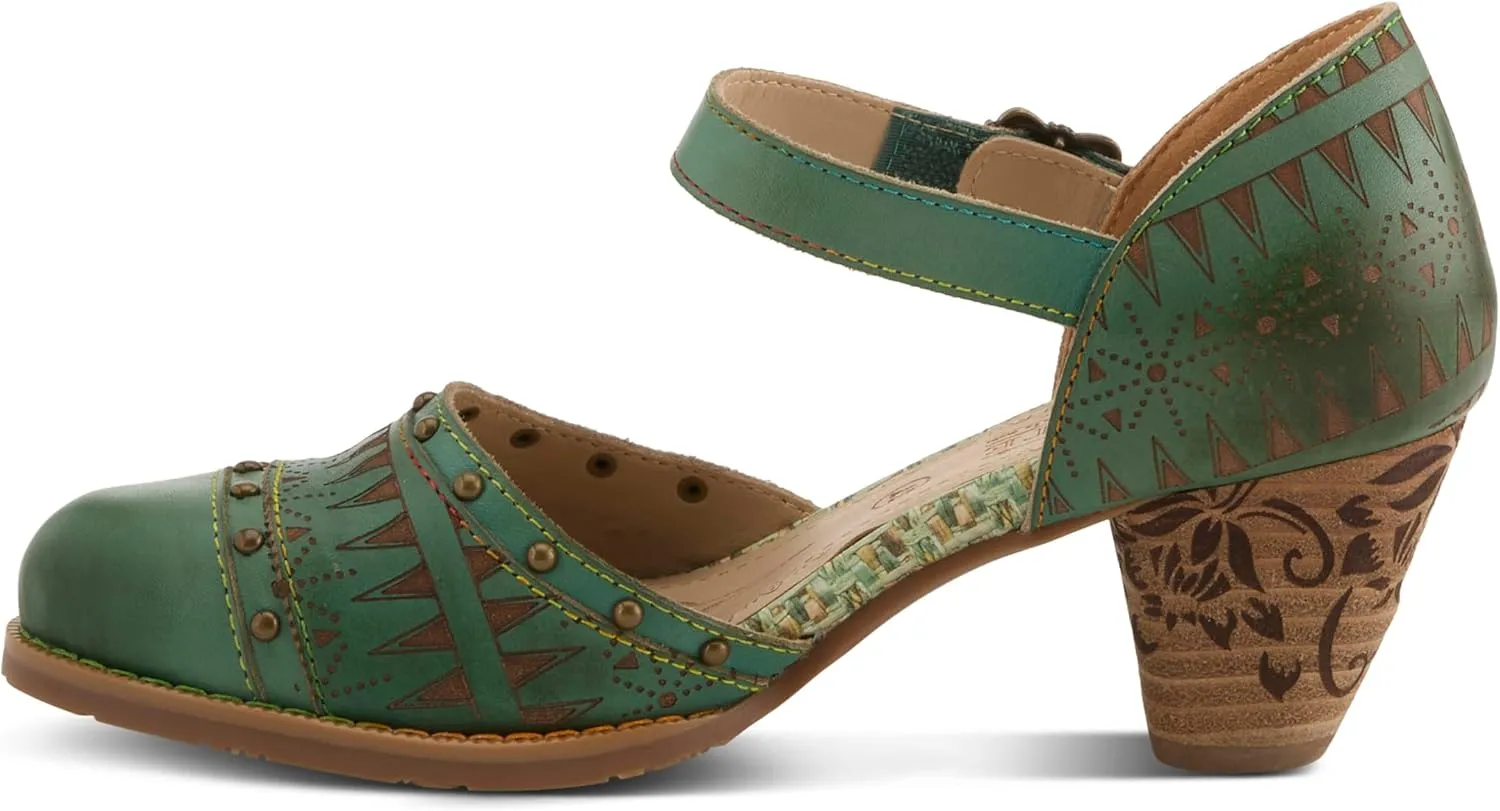 L'Artiste Women's NIOBELLA Hand-Painted Hook-and-Loop Mary Jane – Geometric Design, Decorative Buckle, Faux Stacked Heel