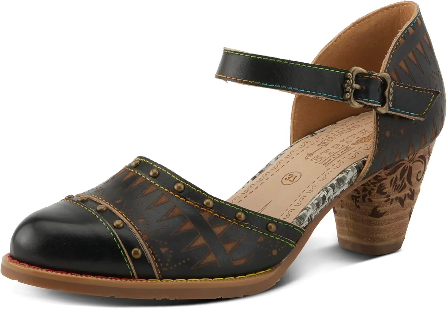 L'Artiste Women's NIOBELLA Hand-Painted Hook-and-Loop Mary Jane – Geometric Design, Decorative Buckle, Faux Stacked Heel