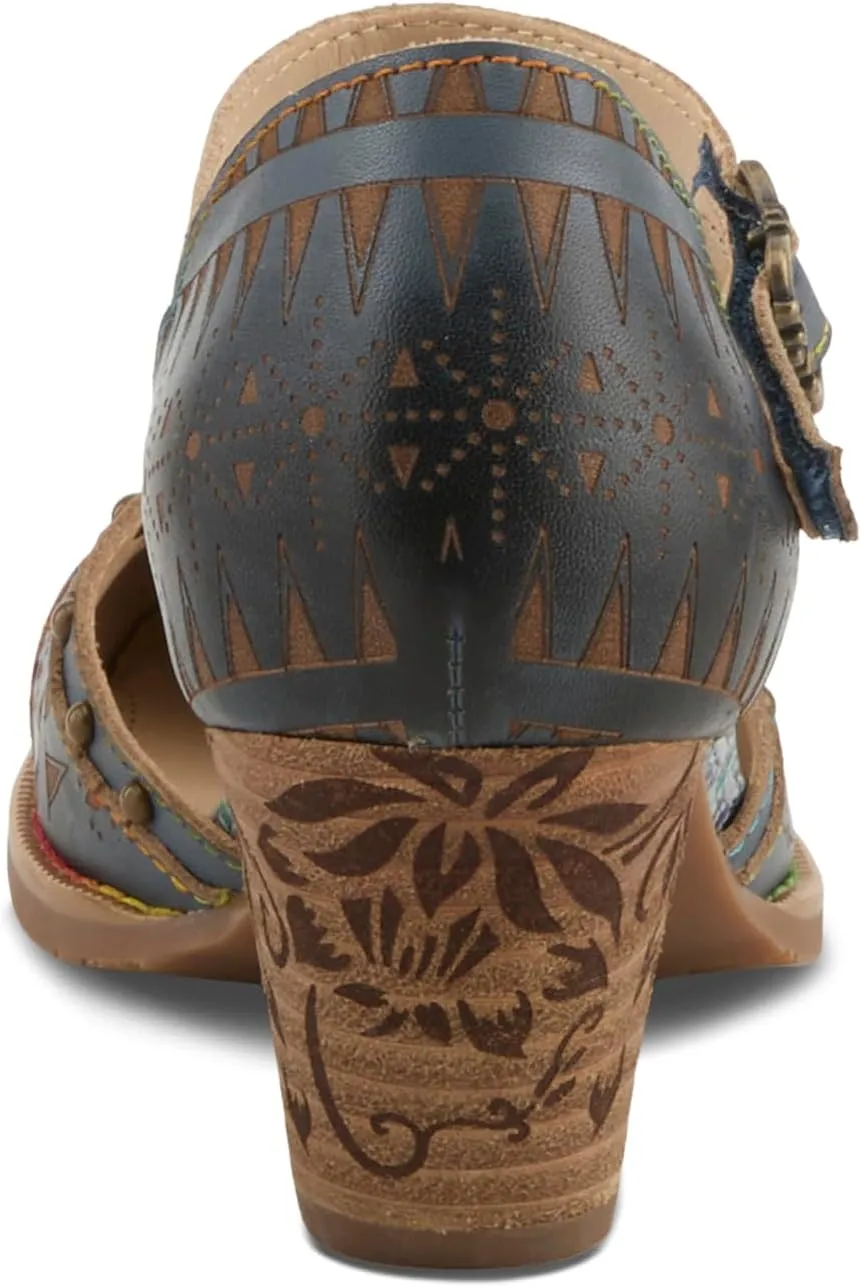 L'Artiste Women's NIOBELLA Hand-Painted Hook-and-Loop Mary Jane – Geometric Design, Decorative Buckle, Faux Stacked Heel