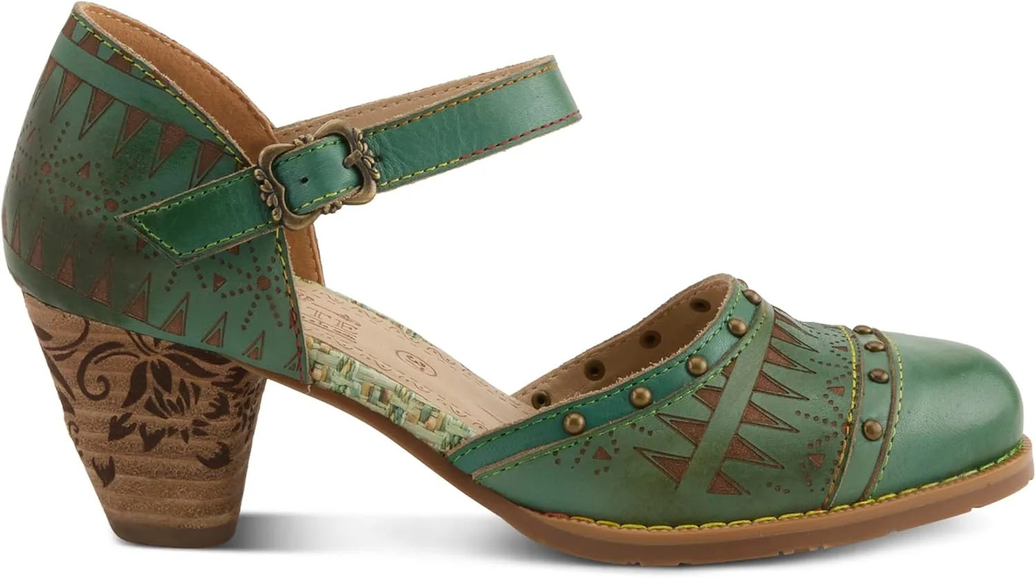L'Artiste Women's NIOBELLA Hand-Painted Hook-and-Loop Mary Jane – Geometric Design, Decorative Buckle, Faux Stacked Heel