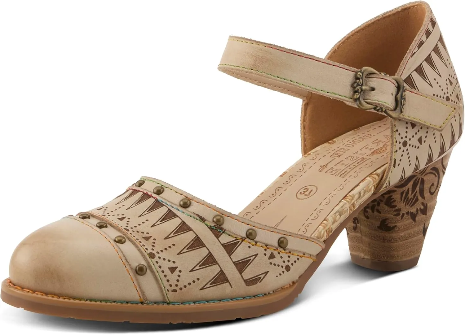 L'Artiste Women's NIOBELLA Hand-Painted Hook-and-Loop Mary Jane – Geometric Design, Decorative Buckle, Faux Stacked Heel