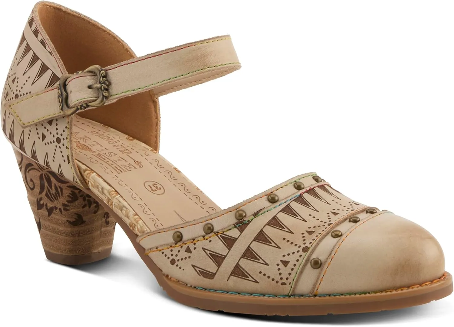 L'Artiste Women's NIOBELLA Hand-Painted Hook-and-Loop Mary Jane – Geometric Design, Decorative Buckle, Faux Stacked Heel