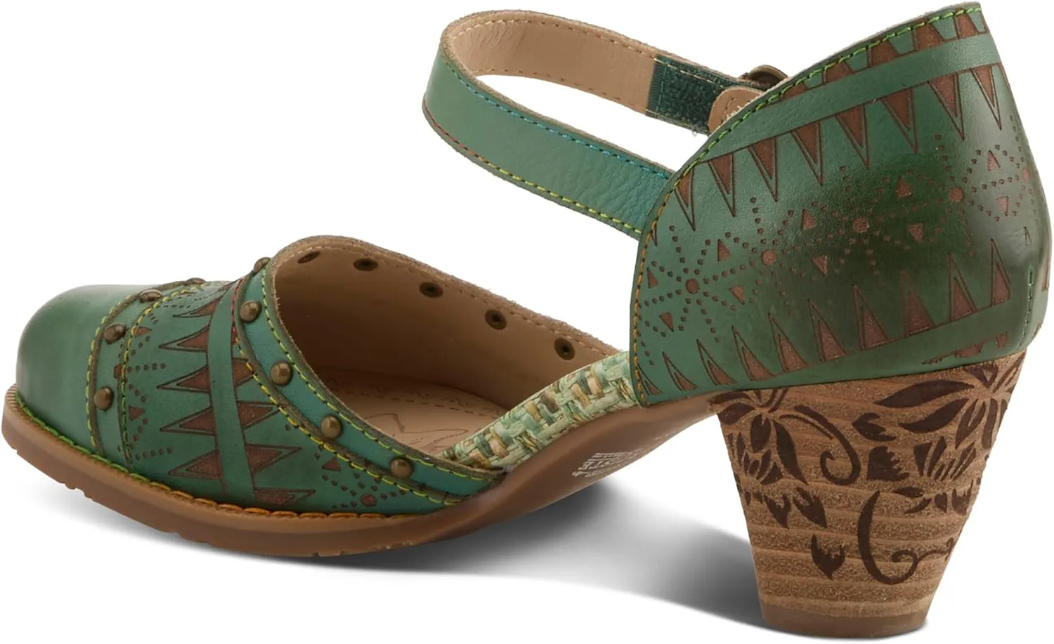 L'Artiste Women's NIOBELLA Hand-Painted Hook-and-Loop Mary Jane – Geometric Design, Decorative Buckle, Faux Stacked Heel