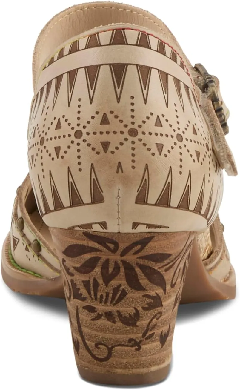 L'Artiste Women's NIOBELLA Hand-Painted Hook-and-Loop Mary Jane – Geometric Design, Decorative Buckle, Faux Stacked Heel