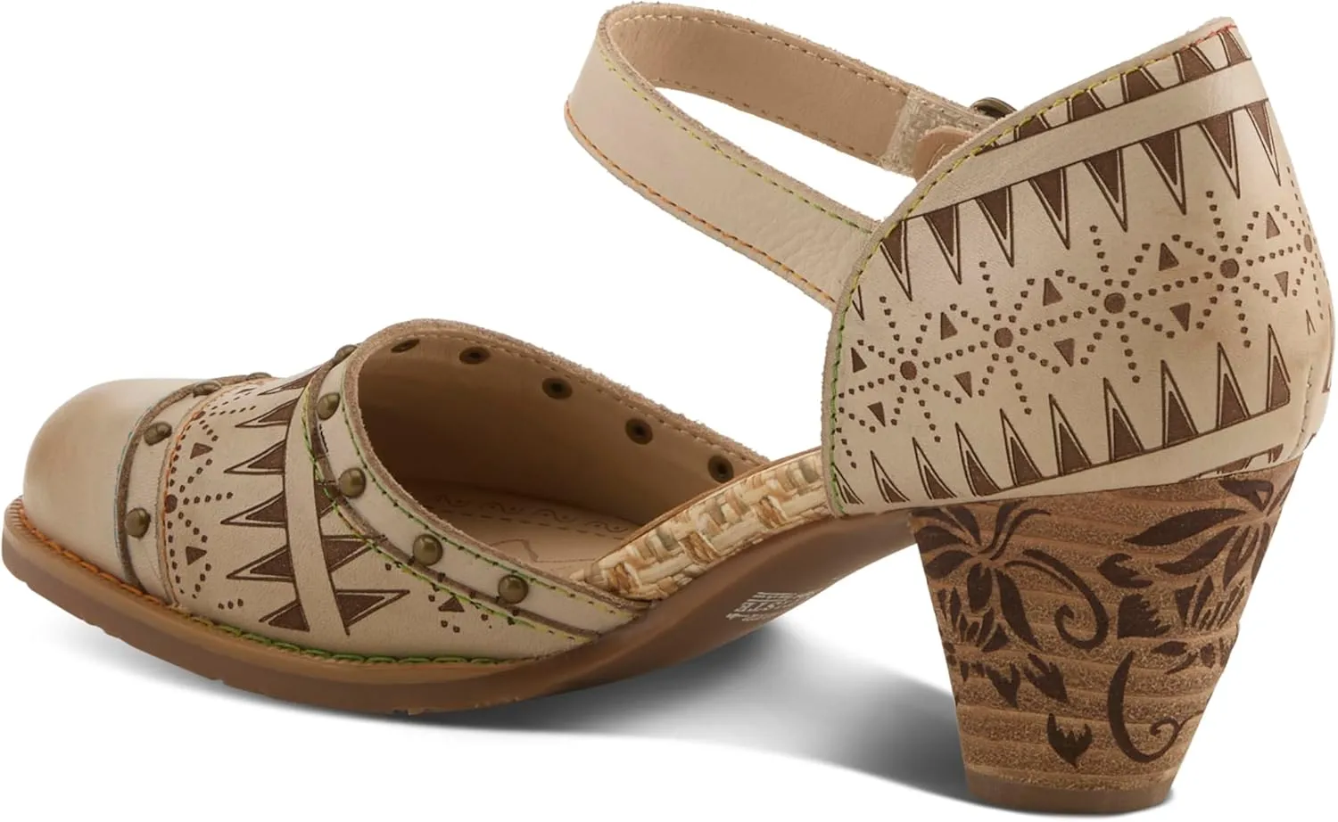 L'Artiste Women's NIOBELLA Hand-Painted Hook-and-Loop Mary Jane – Geometric Design, Decorative Buckle, Faux Stacked Heel