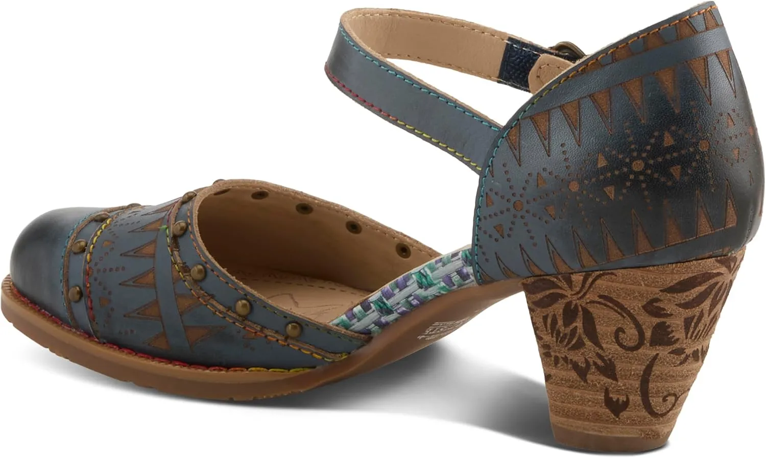 L'Artiste Women's NIOBELLA Hand-Painted Hook-and-Loop Mary Jane – Geometric Design, Decorative Buckle, Faux Stacked Heel