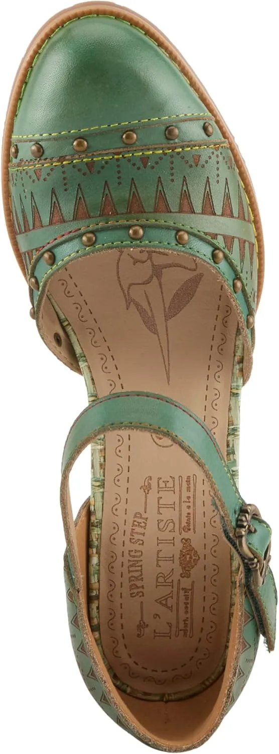 L'Artiste Women's NIOBELLA Hand-Painted Hook-and-Loop Mary Jane – Geometric Design, Decorative Buckle, Faux Stacked Heel
