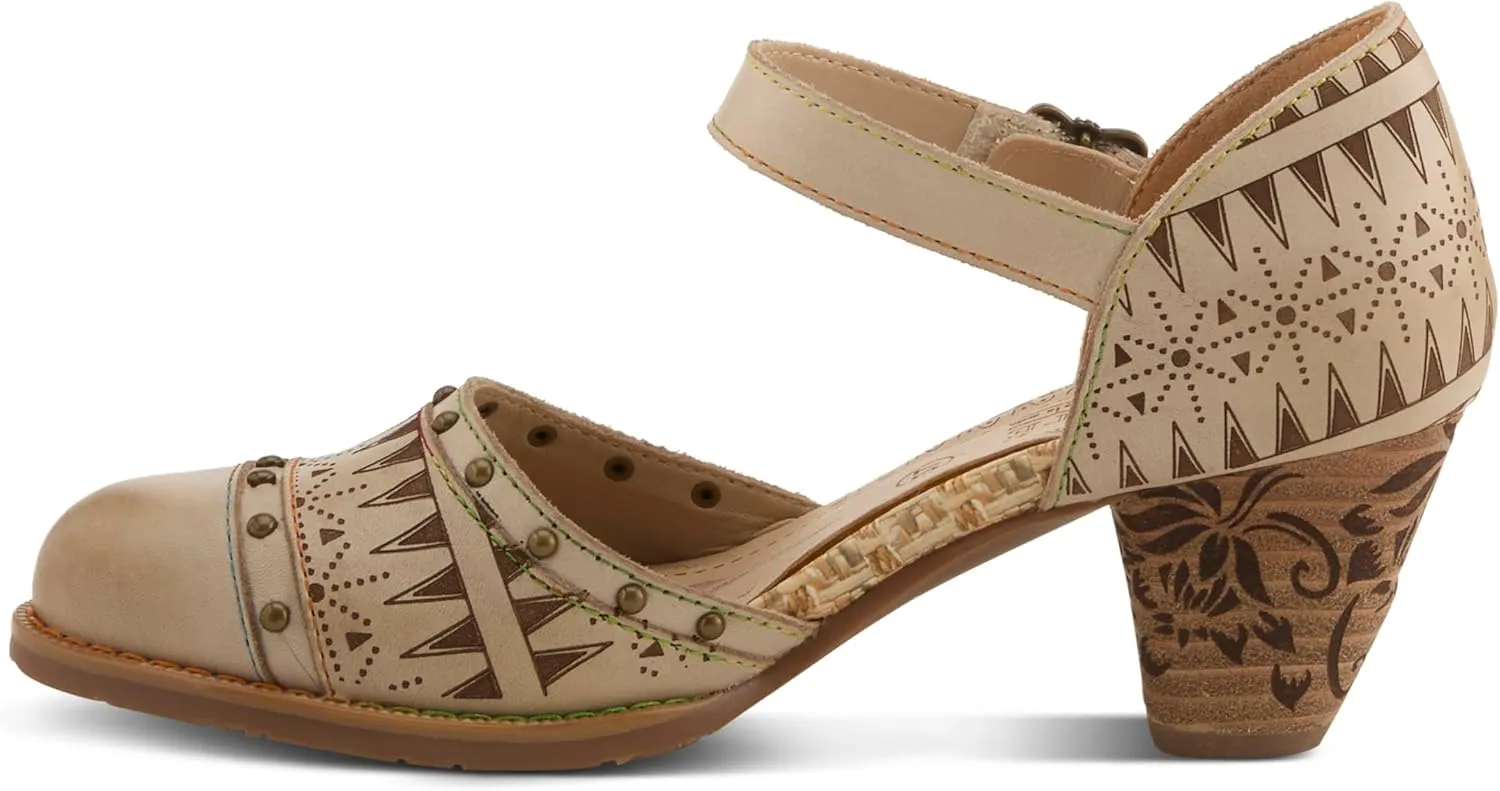 L'Artiste Women's NIOBELLA Hand-Painted Hook-and-Loop Mary Jane – Geometric Design, Decorative Buckle, Faux Stacked Heel