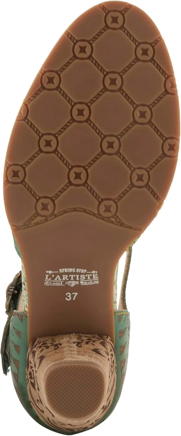 L'Artiste Women's NIOBELLA Hand-Painted Hook-and-Loop Mary Jane – Geometric Design, Decorative Buckle, Faux Stacked Heel
