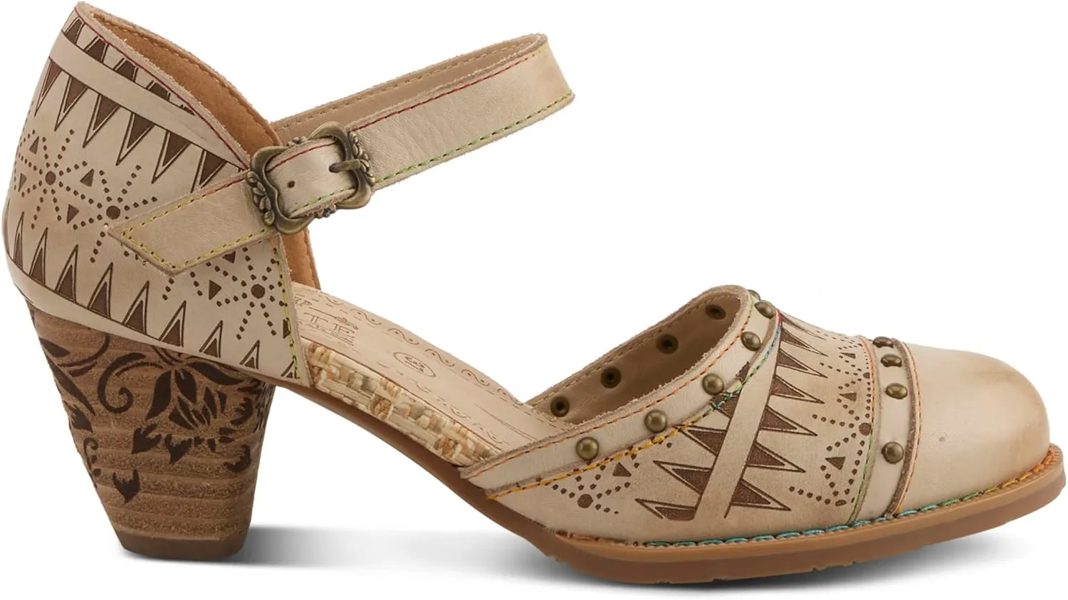 L'Artiste Women's NIOBELLA Hand-Painted Hook-and-Loop Mary Jane – Geometric Design, Decorative Buckle, Faux Stacked Heel