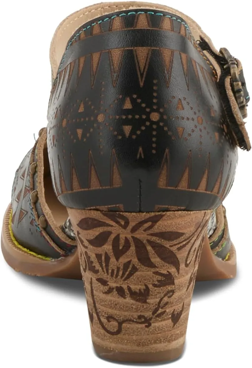 L'Artiste Women's NIOBELLA Hand-Painted Hook-and-Loop Mary Jane – Geometric Design, Decorative Buckle, Faux Stacked Heel