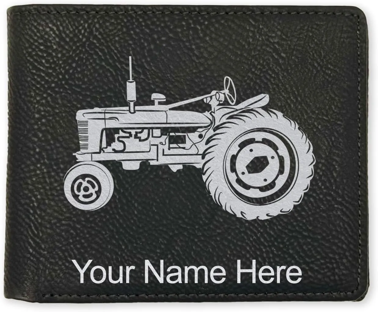 LaserGram Faux Leather Bi-Fold Wallet, Old Farm Tractor, Personalized Engraving Included (Black with Silver)