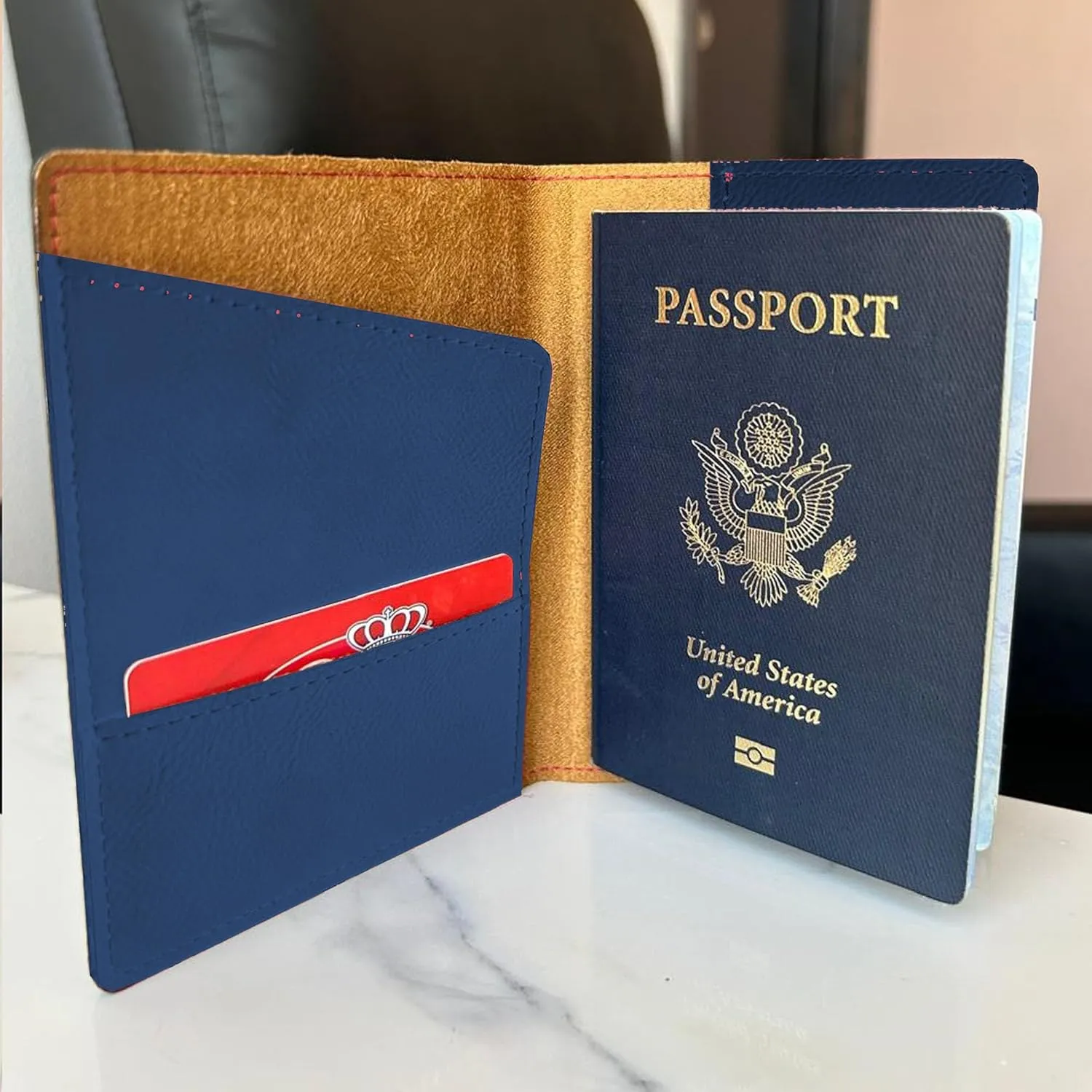 LaserGram Faux Leather Passport Holder, Aztec Calendar, Personalized Engraving Included (Dark Blue)