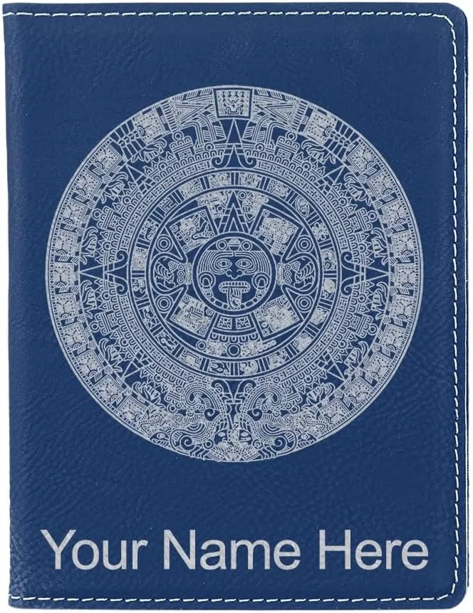 LaserGram Faux Leather Passport Holder, Aztec Calendar, Personalized Engraving Included (Dark Blue)