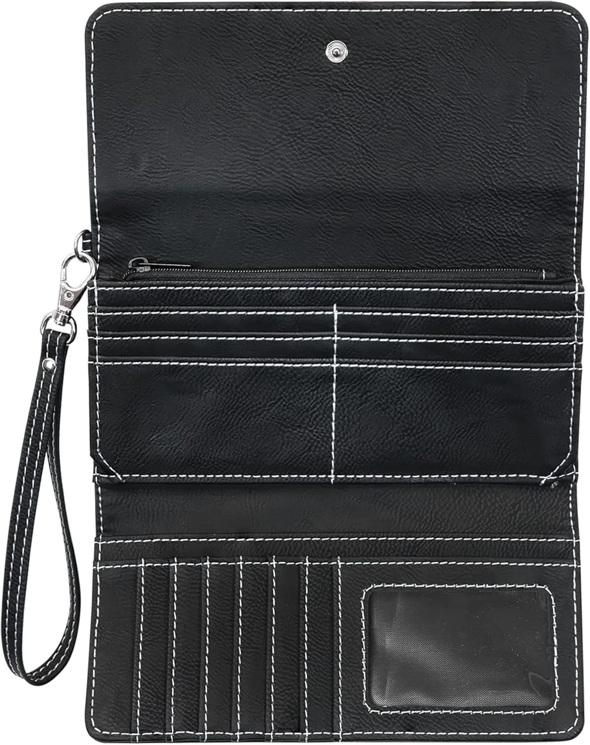 LaserGram Faux Leather Womens Wallet with Strap, Tambourine, Personalized Engraving Included (Black with Silver)
