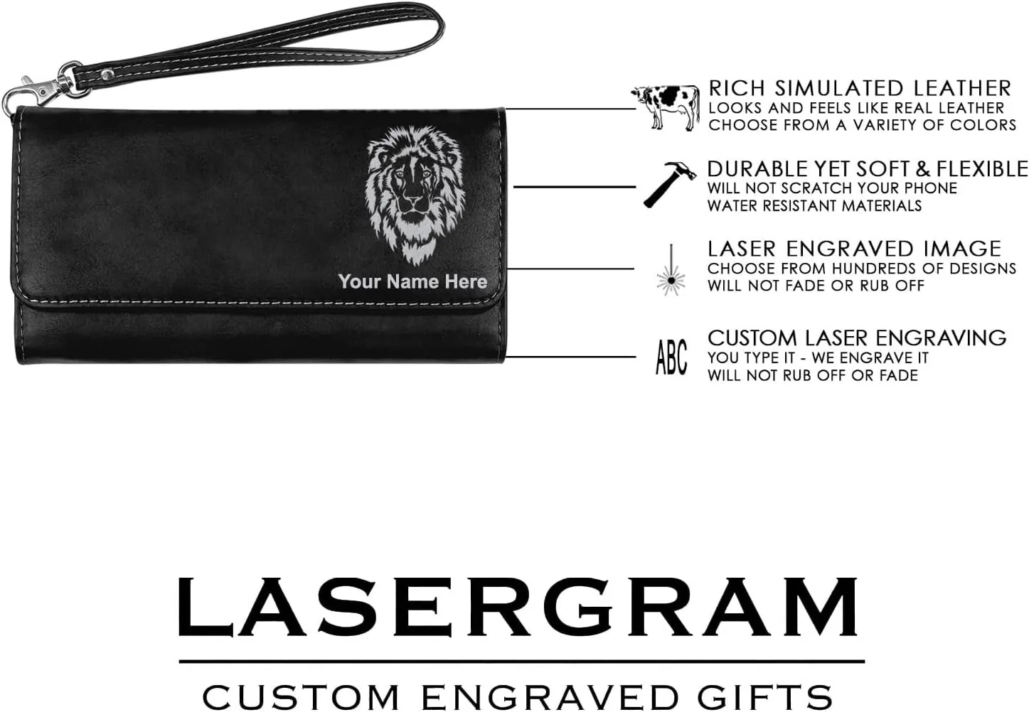 LaserGram Faux Leather Womens Wallet with Strap, Tambourine, Personalized Engraving Included (Black with Silver)