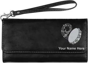 LaserGram Faux Leather Womens Wallet with Strap, Tambourine, Personalized Engraving Included (Black with Silver)