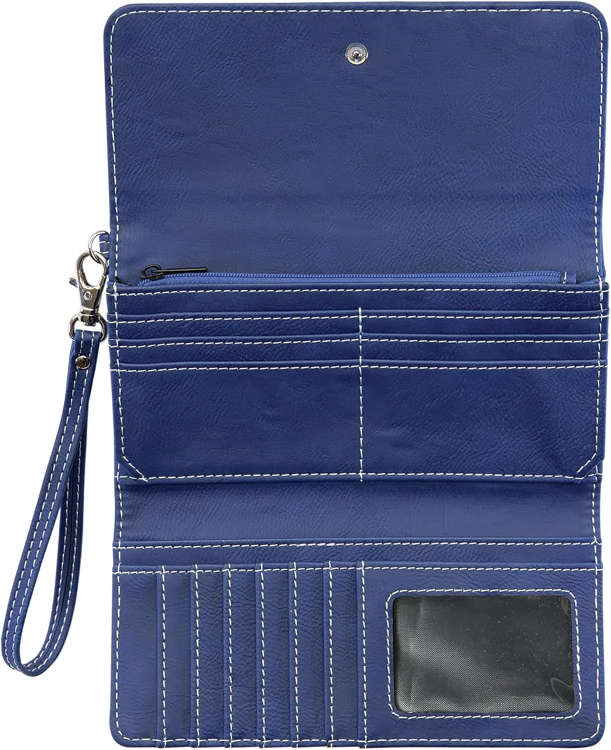 LaserGram Faux Leather Womens Wallet with Strap, Tambourine, Personalized Engraving Included (Dark Blue)