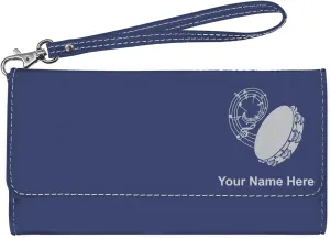 LaserGram Faux Leather Womens Wallet with Strap, Tambourine, Personalized Engraving Included (Dark Blue)