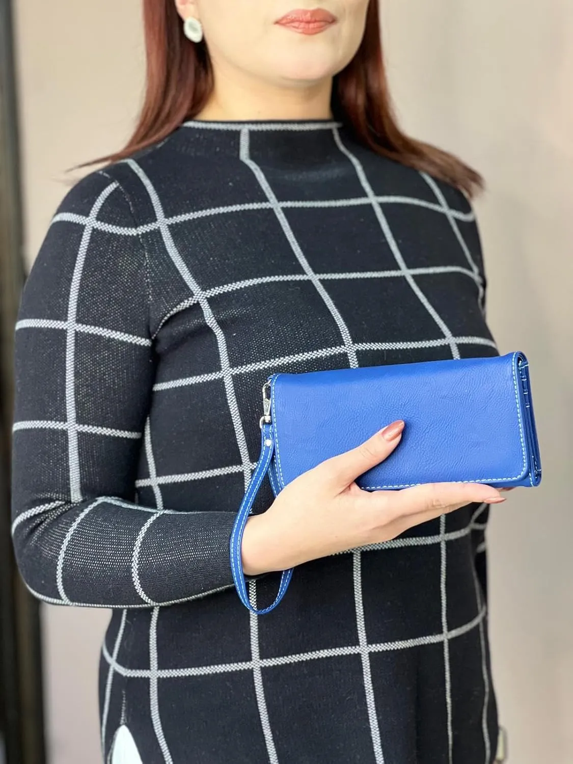 LaserGram Faux Leather Womens Wallet with Strap, Tambourine, Personalized Engraving Included (Dark Blue)