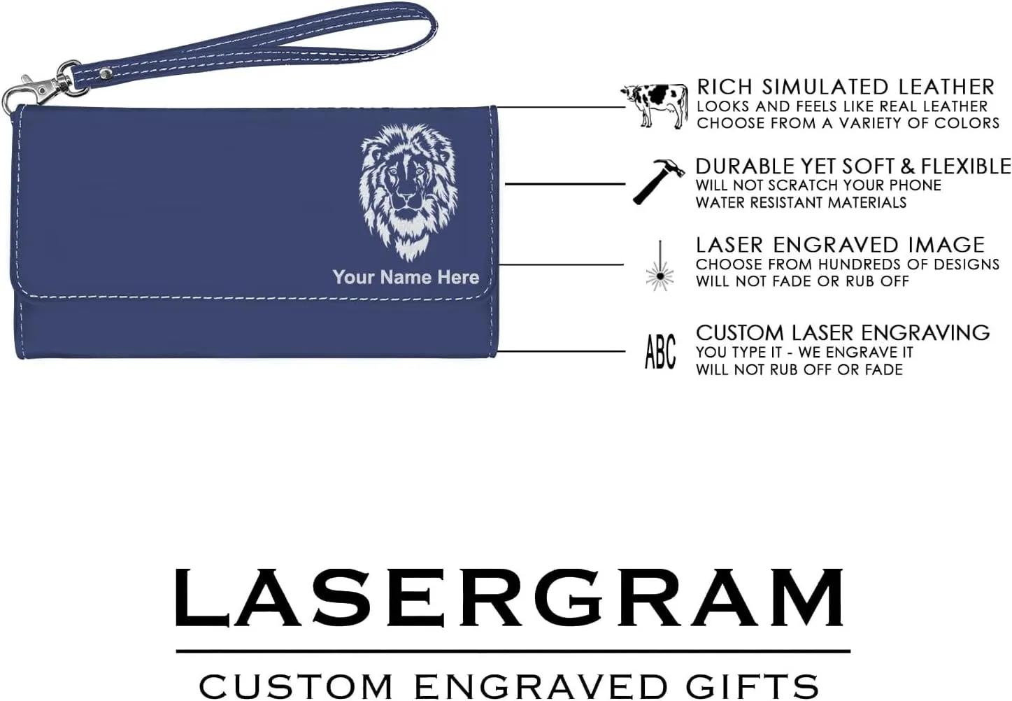 LaserGram Faux Leather Womens Wallet with Strap, Tambourine, Personalized Engraving Included (Dark Blue)