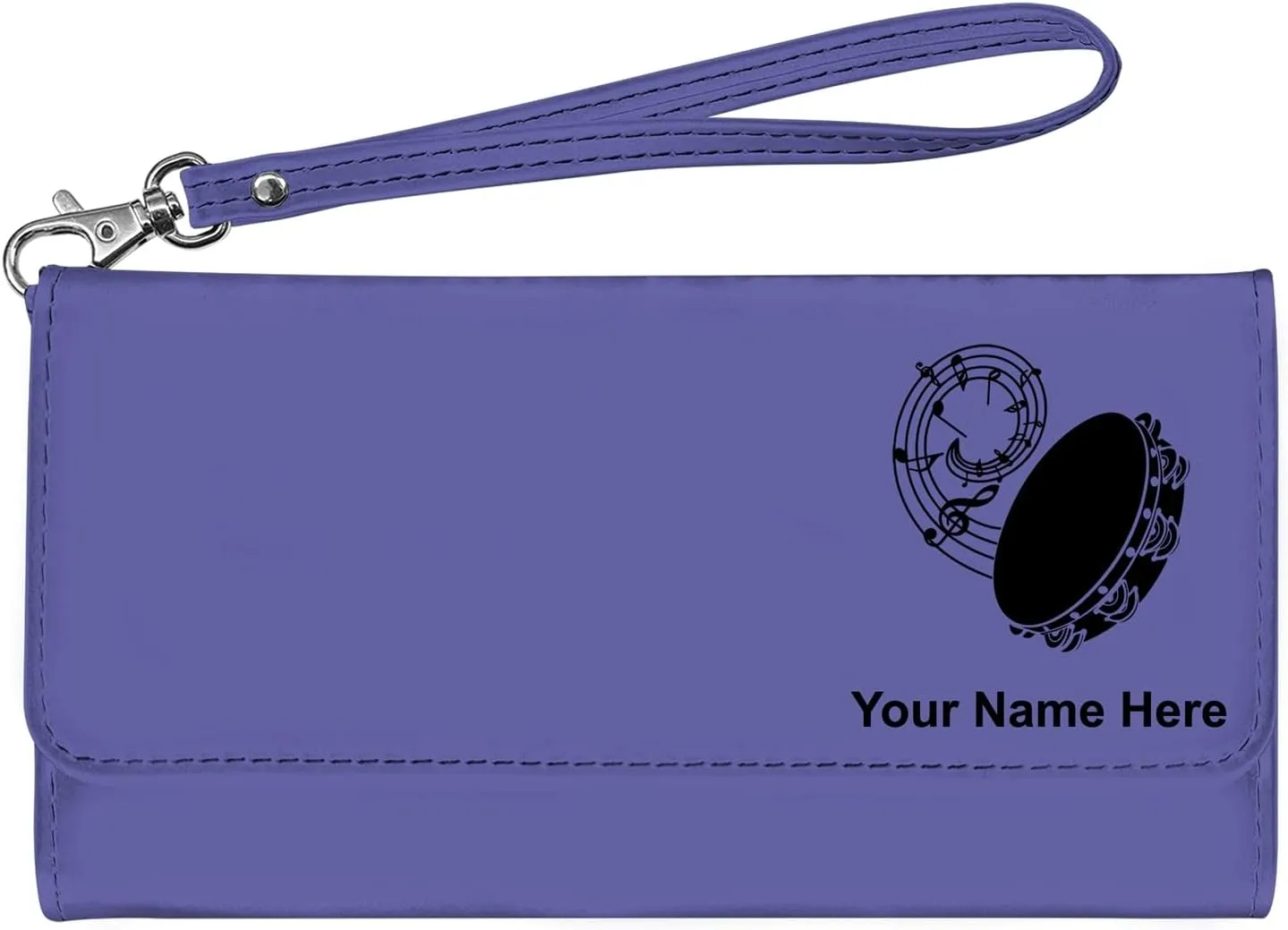 LaserGram Faux Leather Womens Wallet with Strap, Tambourine, Personalized Engraving Included (Dark Purple)