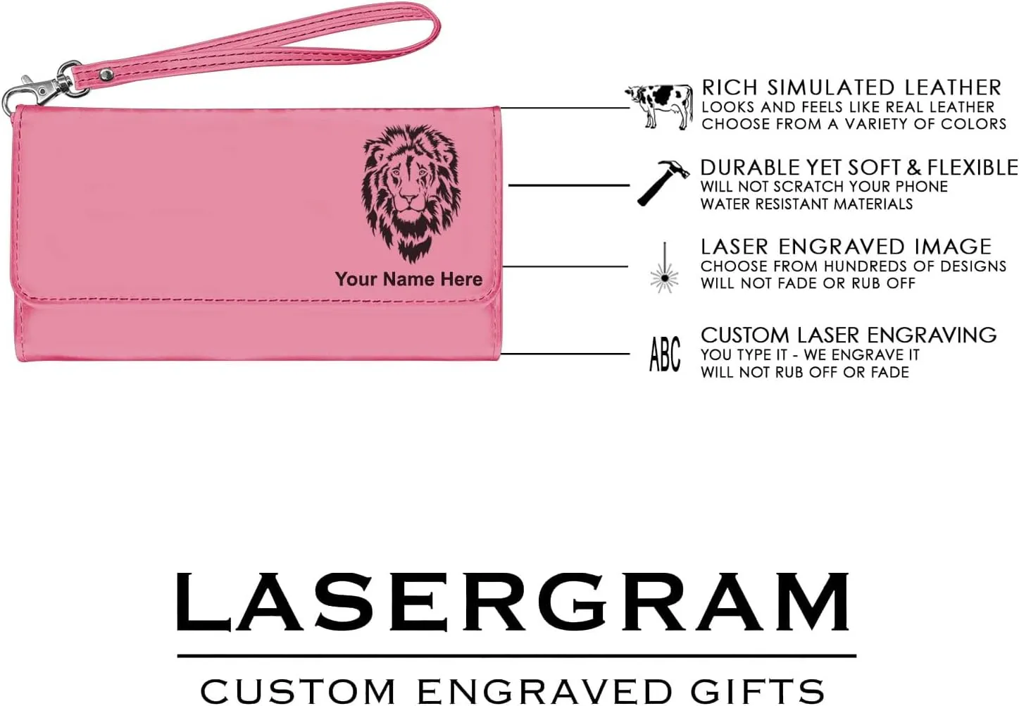 LaserGram Faux Leather Womens Wallet with Strap, Tambourine, Personalized Engraving Included (Pink)