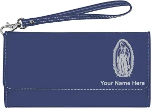 LaserGram Faux Leather Womens Wallet with Strap, Virgen de Guadalupe, Personalized Engraving Included (Dark Blue)